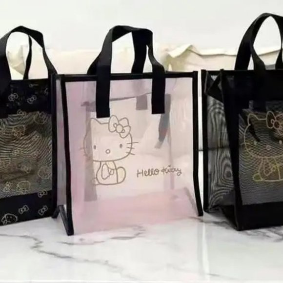 Hello Kitty Bath Shower Tote Pink Mesh Black Top Handles - Picture 2 of 3